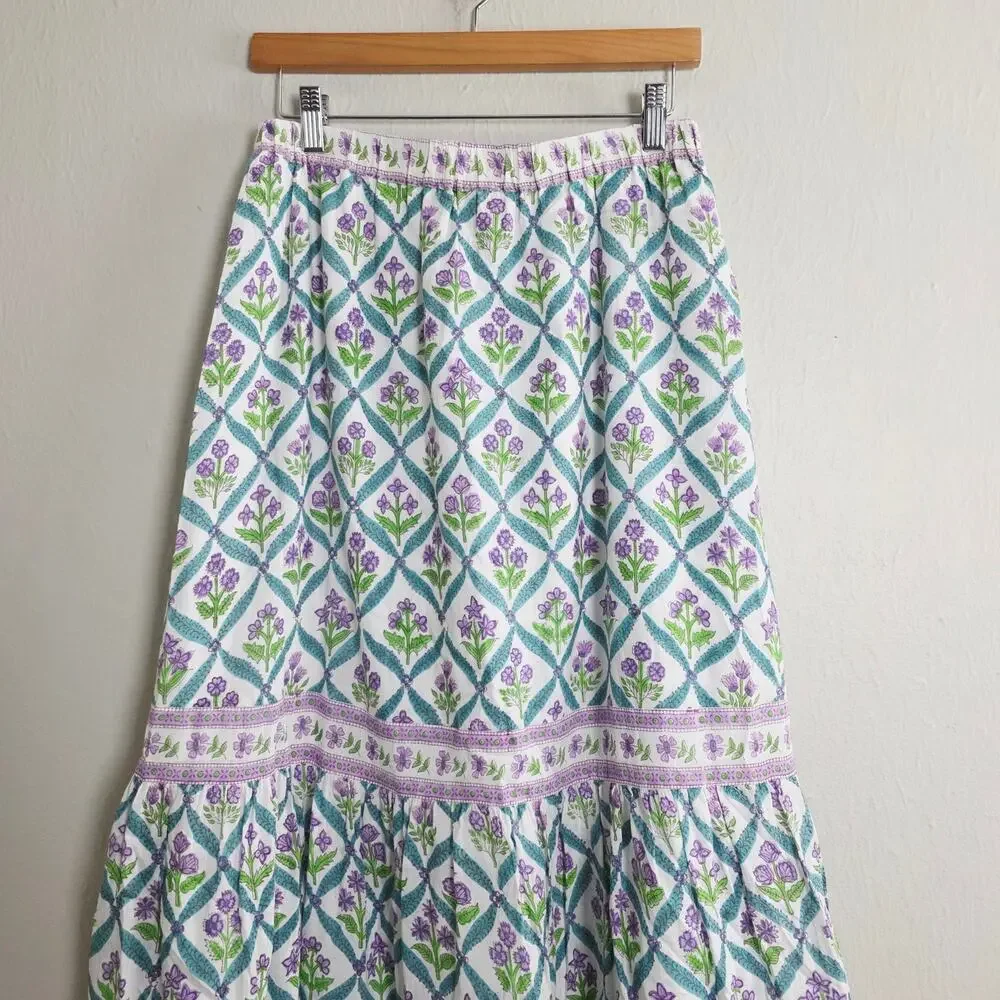 Alicia Bell Sutton Turquoise Purple Floral Silk Blend Tiered Maxi Skirt - Picture 10 of 12